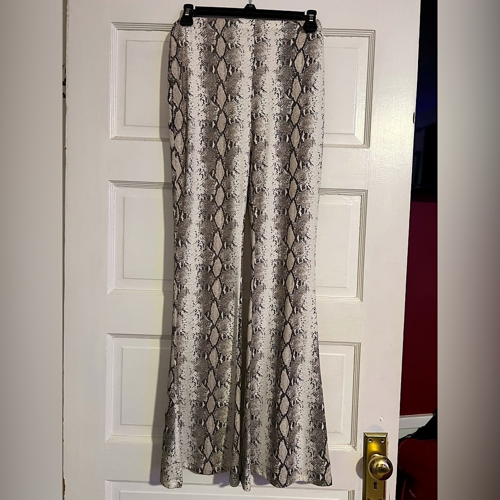 White Snakeskin Print Flare Pants
